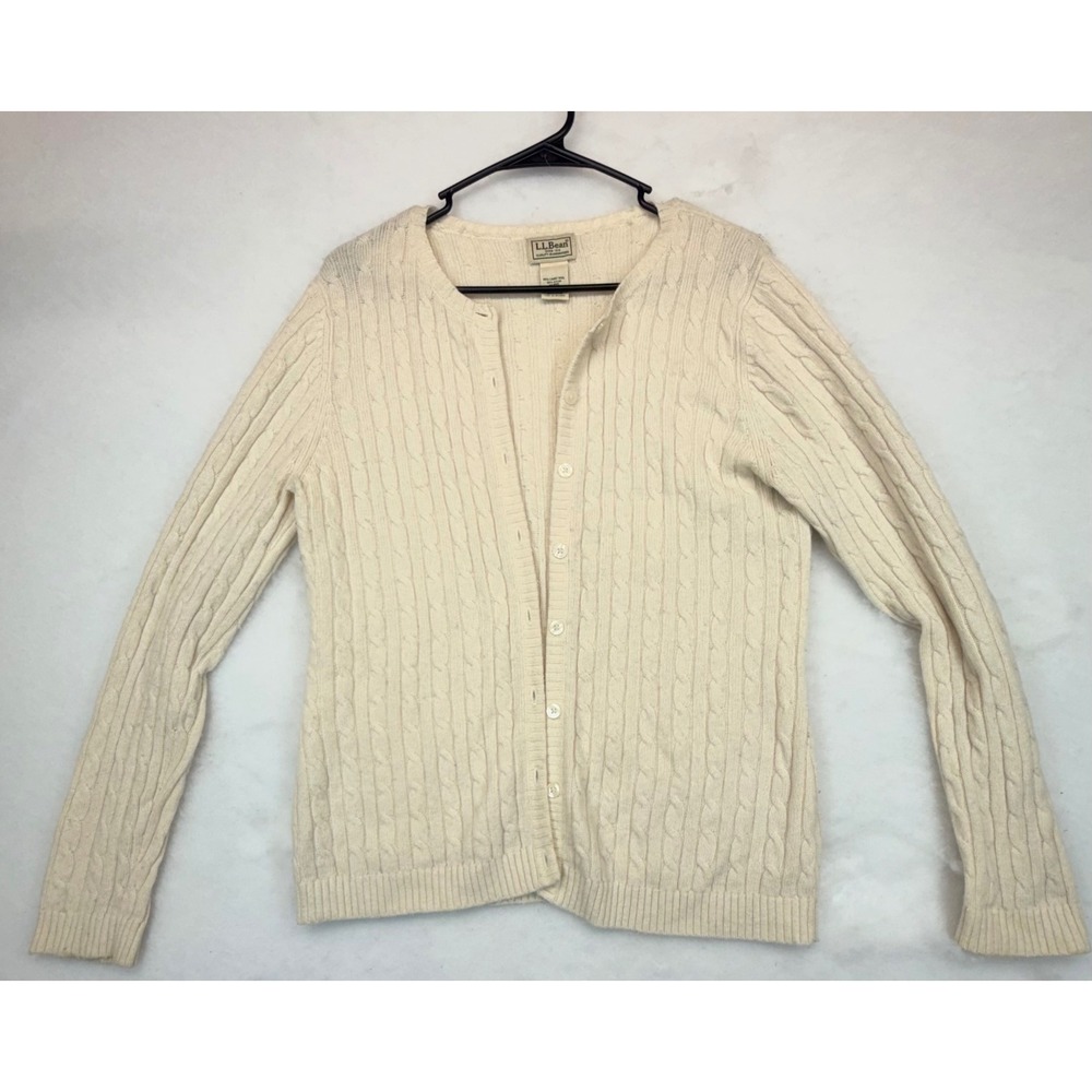 LL Bean Lambswool Cable Knit Cardigan Sweater Cream Ivory M-REG 0BHV9